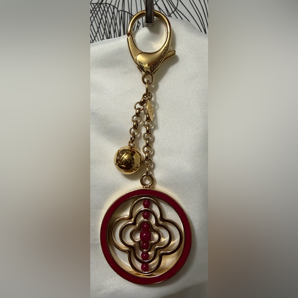 Authentic Louis Vuitton Fully Flower Bag Charm / Key Holder Red & Gold Metal
